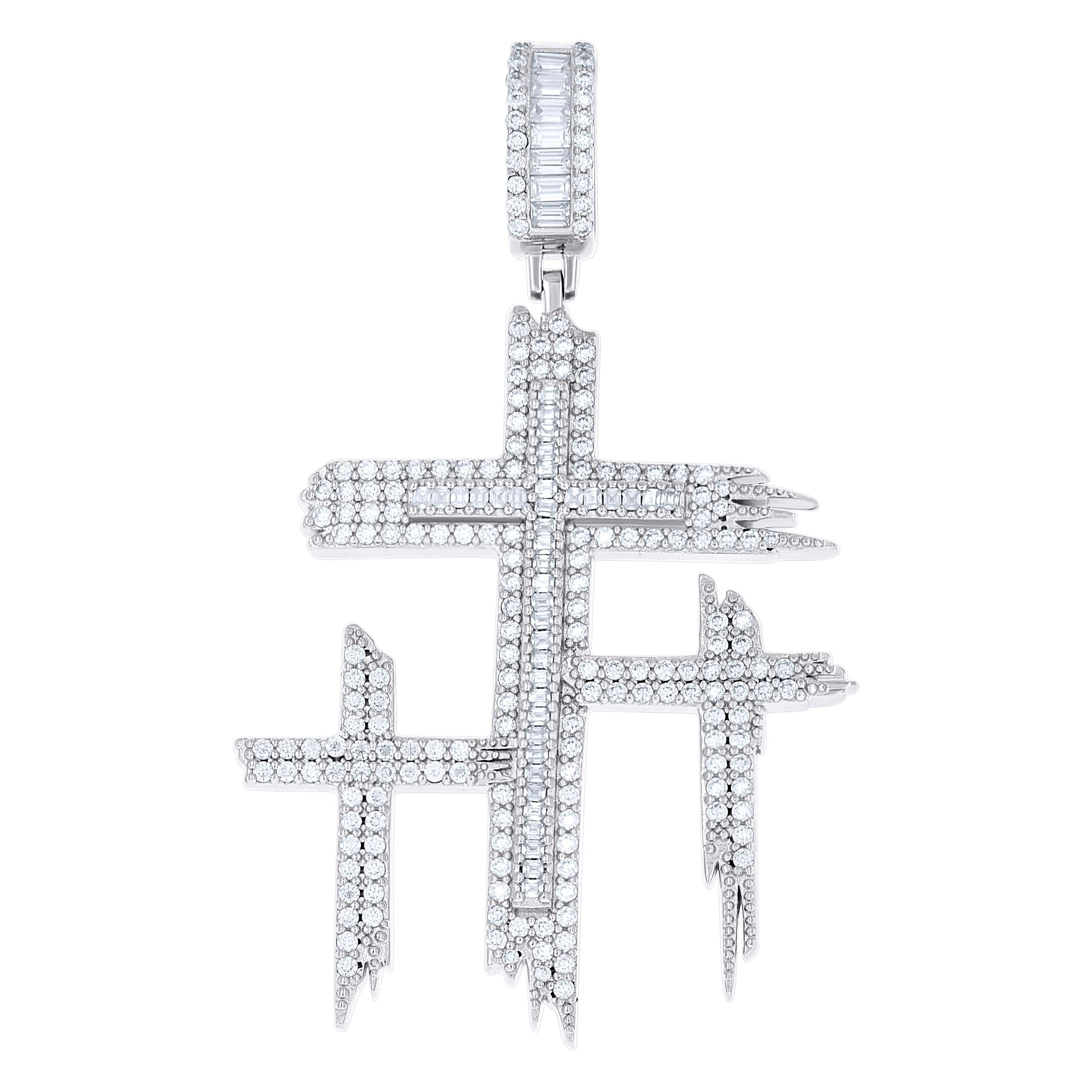 925 Sterling Silver Mens Round Baguette 1.87ct, 0.84ct Moissanite Triple Cross Religious Charm Pendant 