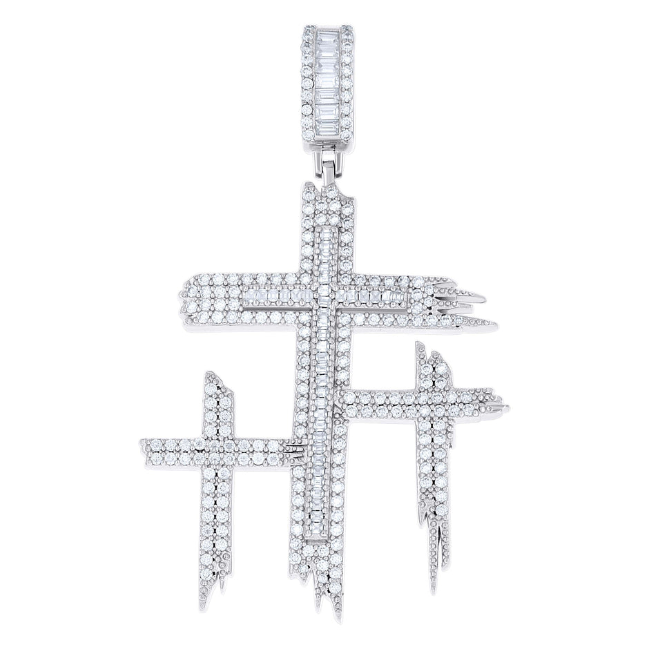 925 Sterling Silver Mens Round Baguette 1.87ct, 0.84ct Moissanite Triple Cross Religious Charm Pendant 