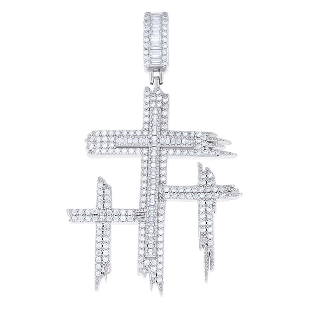 925 Sterling Silver Mens Round Baguette 1.87ct, 0.84ct Moissanite Triple Cross Religious Charm Pendant 