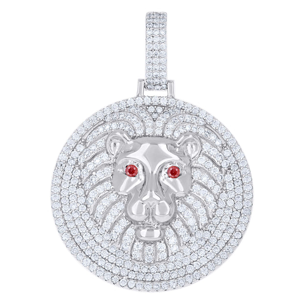 925 Sterling Silver Mens White Red 2.47ct Moissanite Leo/Lion Head Wildlife Charm Pendant