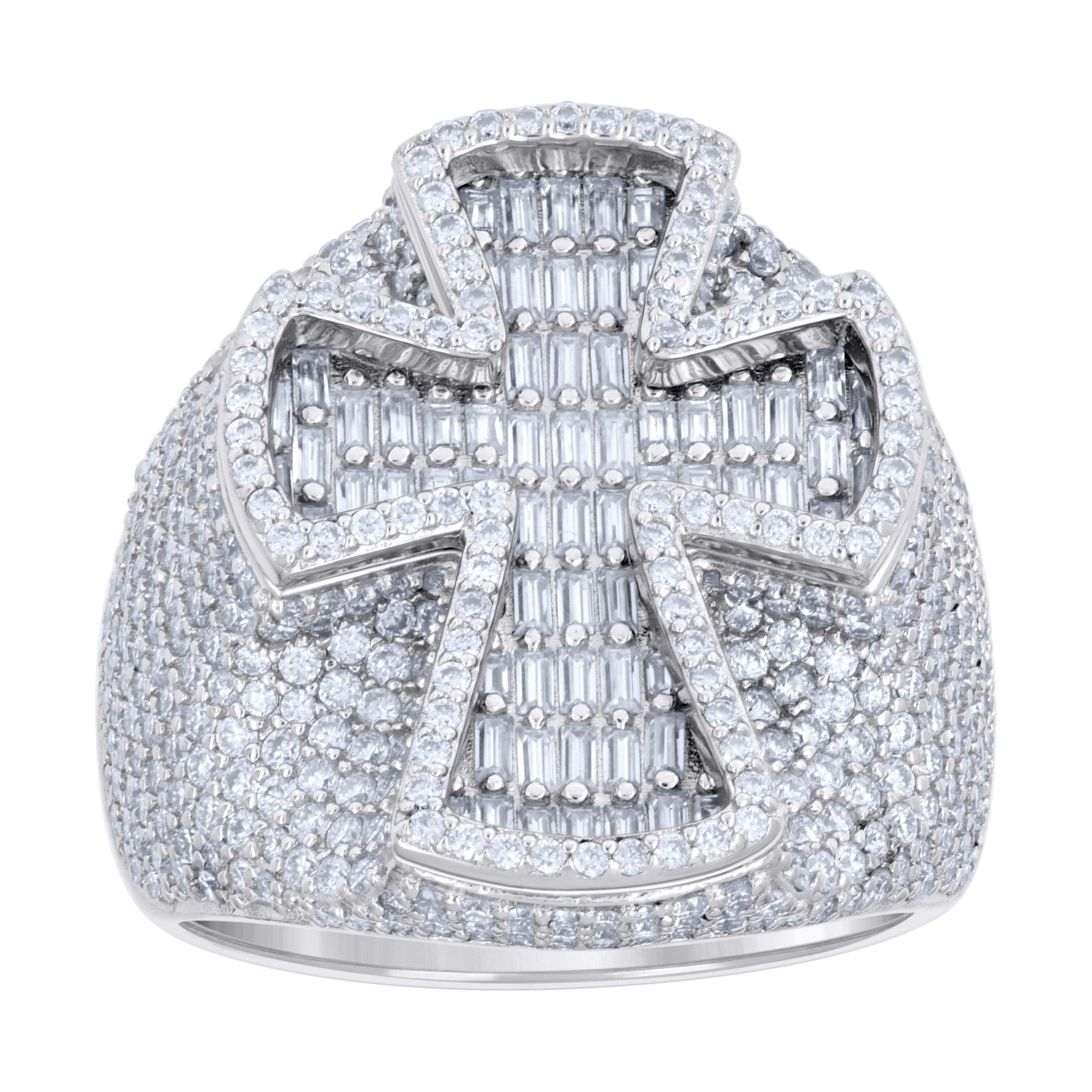 925 Sterling Silver Mens Baguette Round 3.36ct, 1.66ct Moissanite Cross Religious Ring S11 - SLV-138290