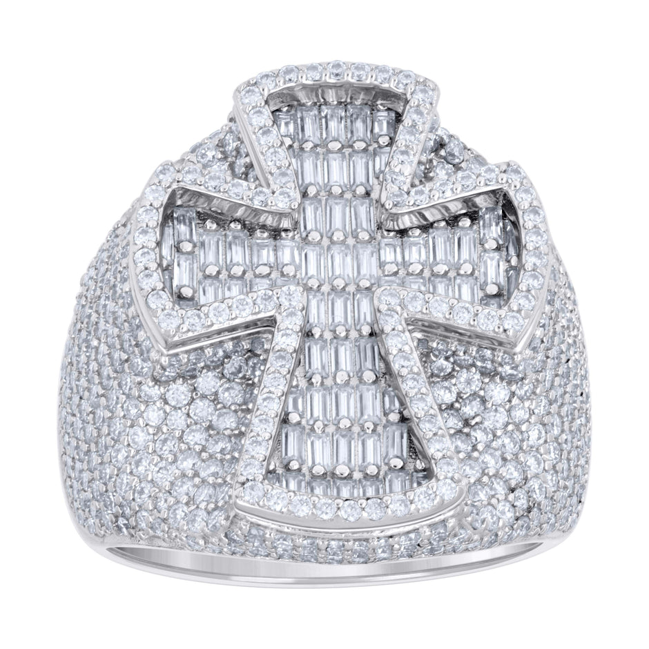 925 Sterling Silver Mens Baguette Round 3.36ct, 1.66ct Moissanite Cross Religious Ring S11 - SLV-138290