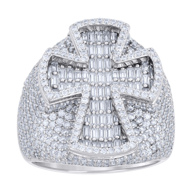 925 Sterling Silver Mens Baguette Round 3.36ct, 1.66ct Moissanite Cross Religious Ring S11 - SLV-138290