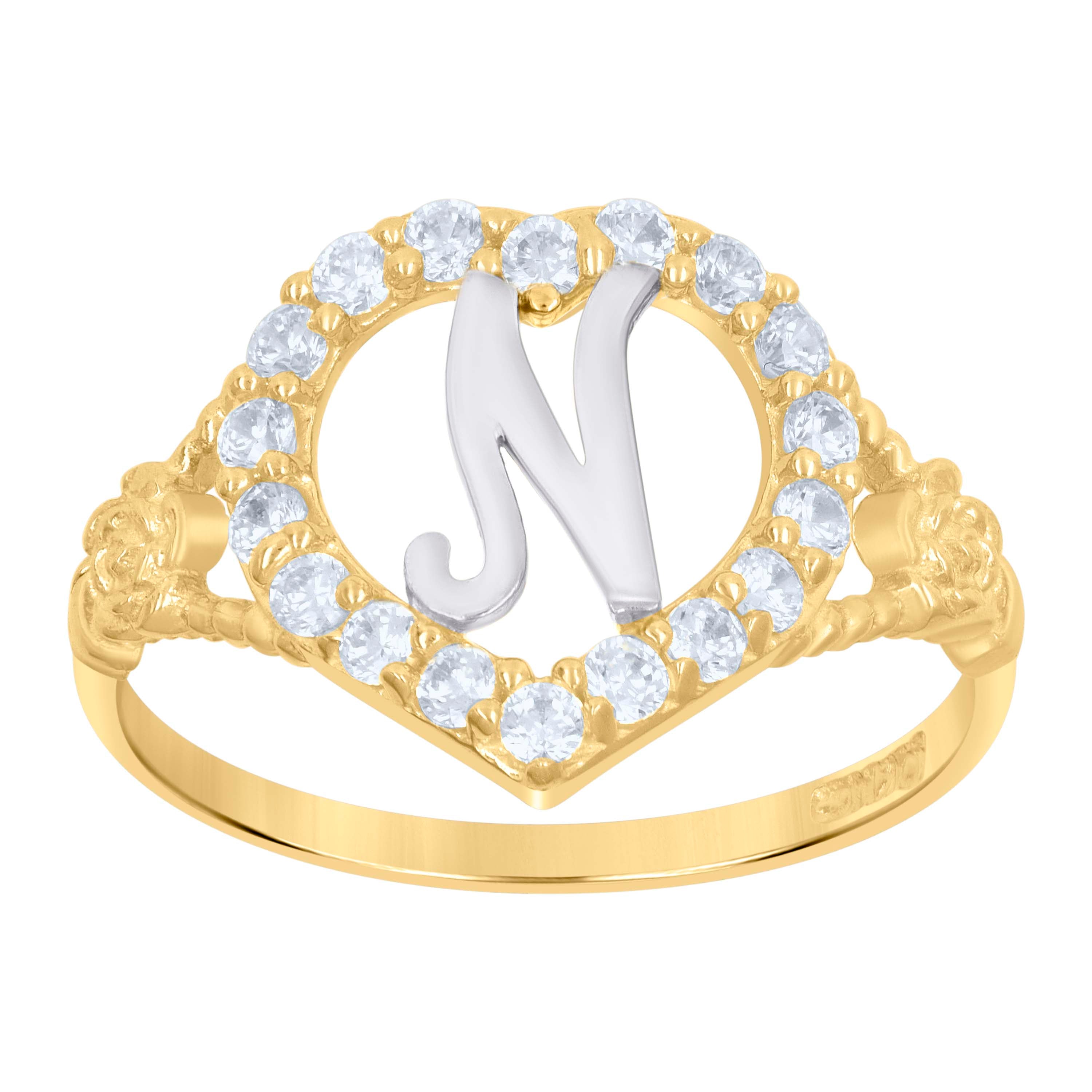 10kt Two-Tone Gold Womens Cubic Zirconia Polished Finish Heart Shape Letter N Initial Ring