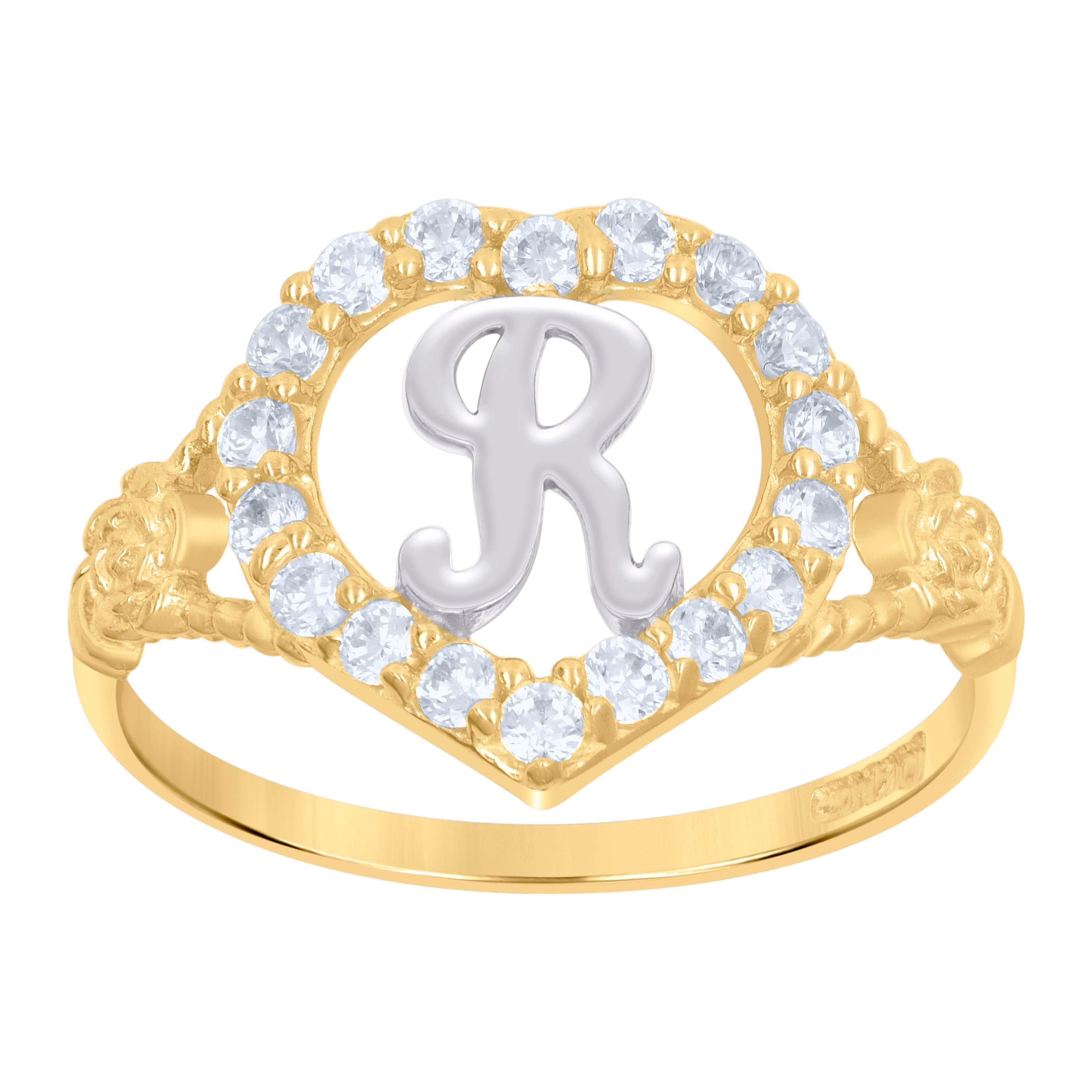 10kt Two-Tone Gold Womens Cubic Zirconia Polished Finish Heart Shape Letter R Initial Ring