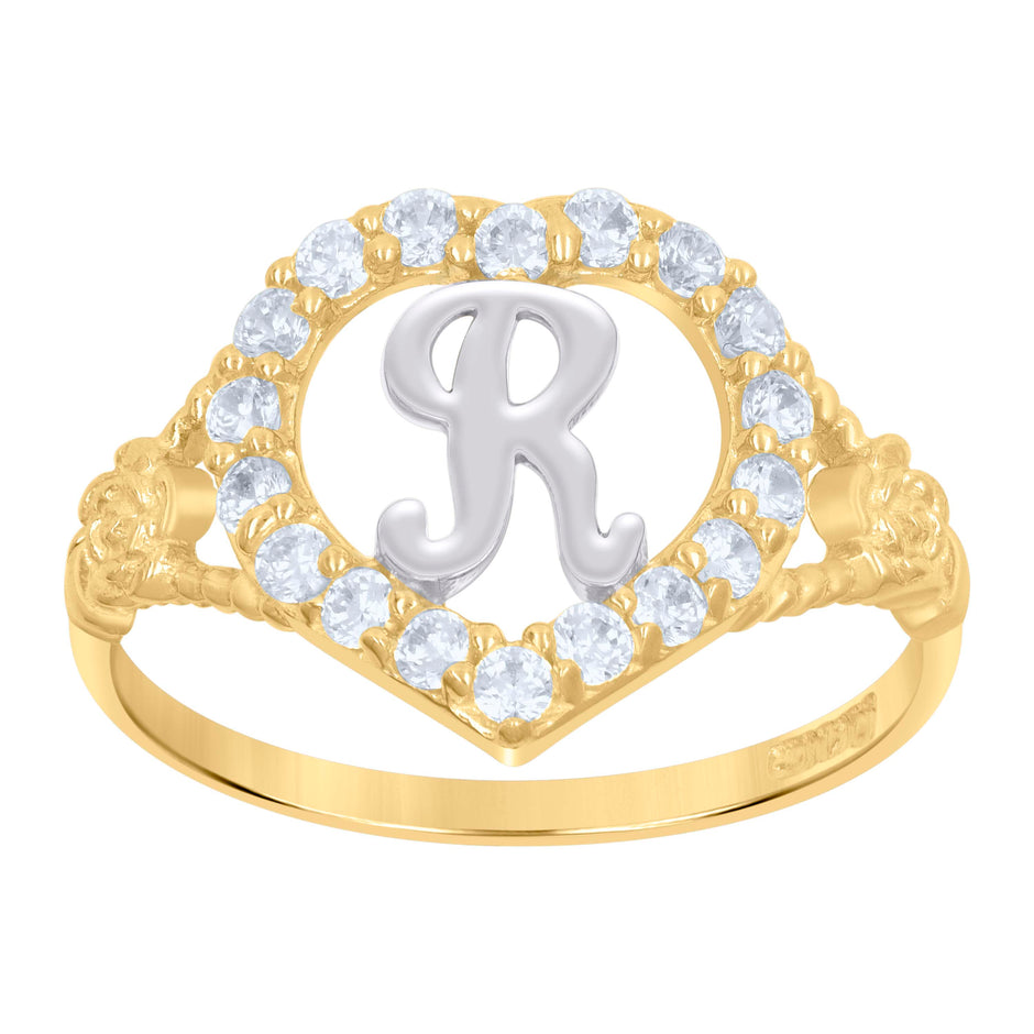 10kt Two-Tone Gold Womens Cubic Zirconia Polished Finish Heart Shape Letter R Initial Ring