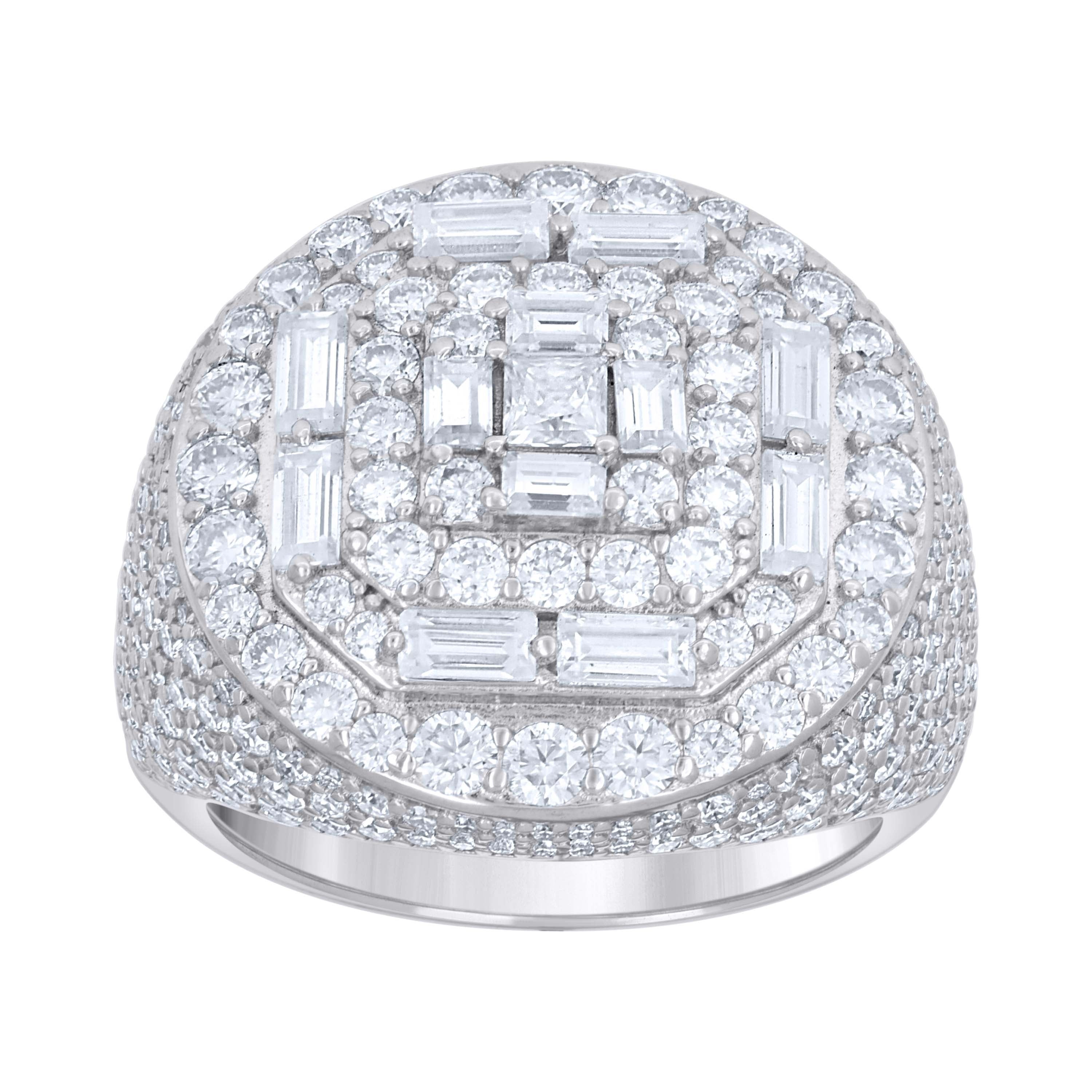 925 Sterling Silver Mens Baguette Round 5.20ct, 1.81ct Moissanite Round Head Fashion Ring S10 - SLV-138331