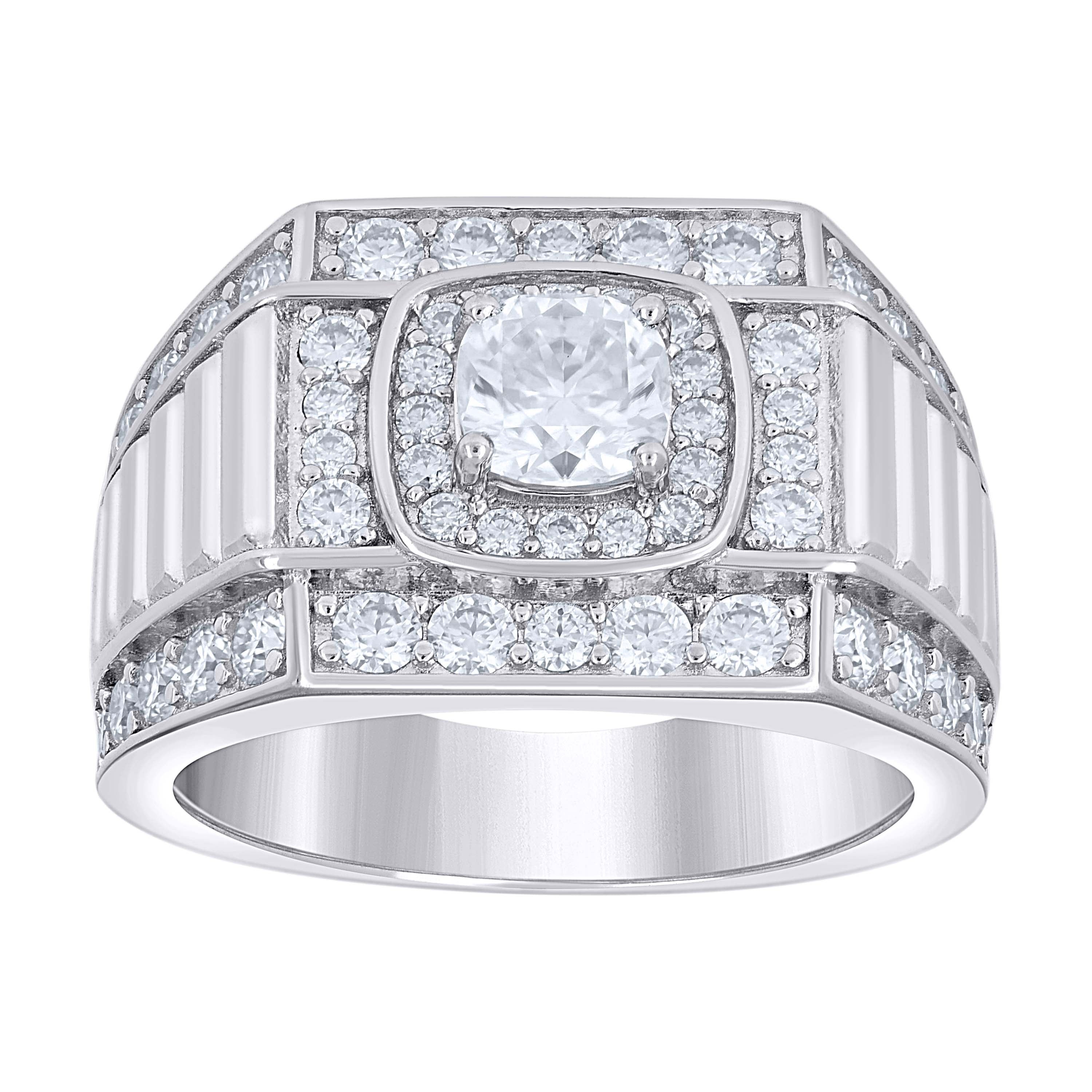 925 Sterling Silver Mens Cushion-Cut Round 2.39ct, 1.03ct Moissanite Square Head Fashion Ring S9