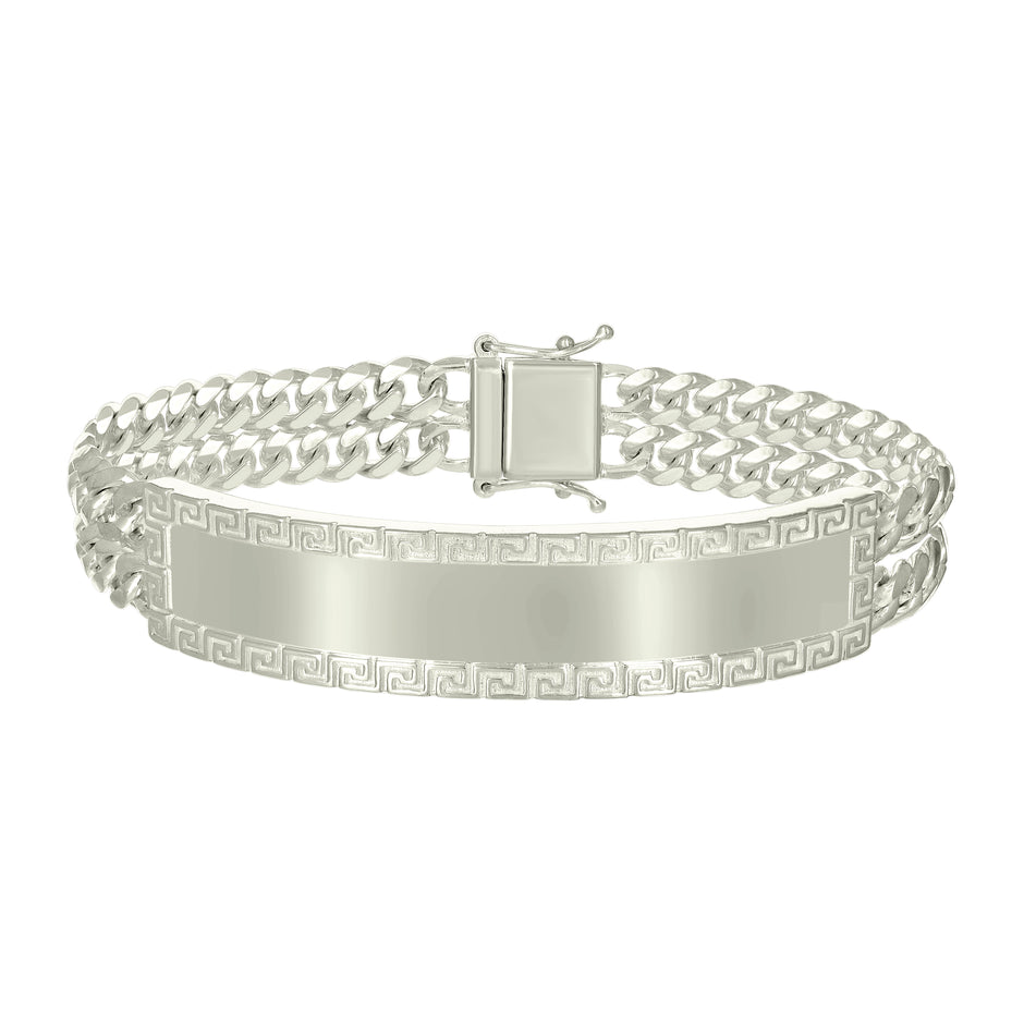 925 Sterling Silver Mens Cuban Link Greek Key ID Bracelet Size 8 Inches