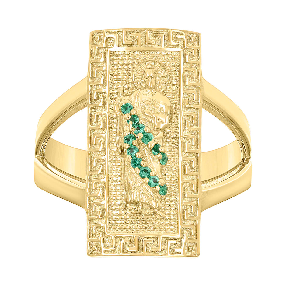 10kt Yellow Gold Womens Green Cubic-Zirconia St. Jude Religious Greek Key Patterned Ring