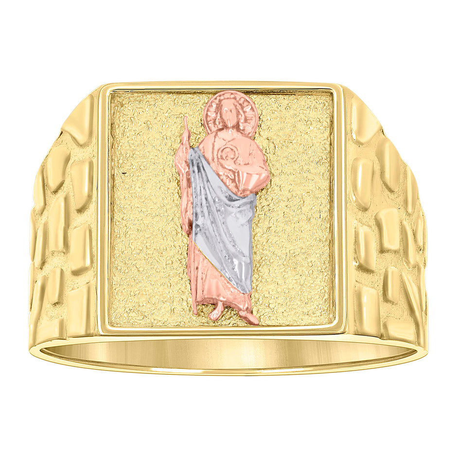 10kt Tri-Color Gold Mens St. Jude Religious Square Head Nugget Ring