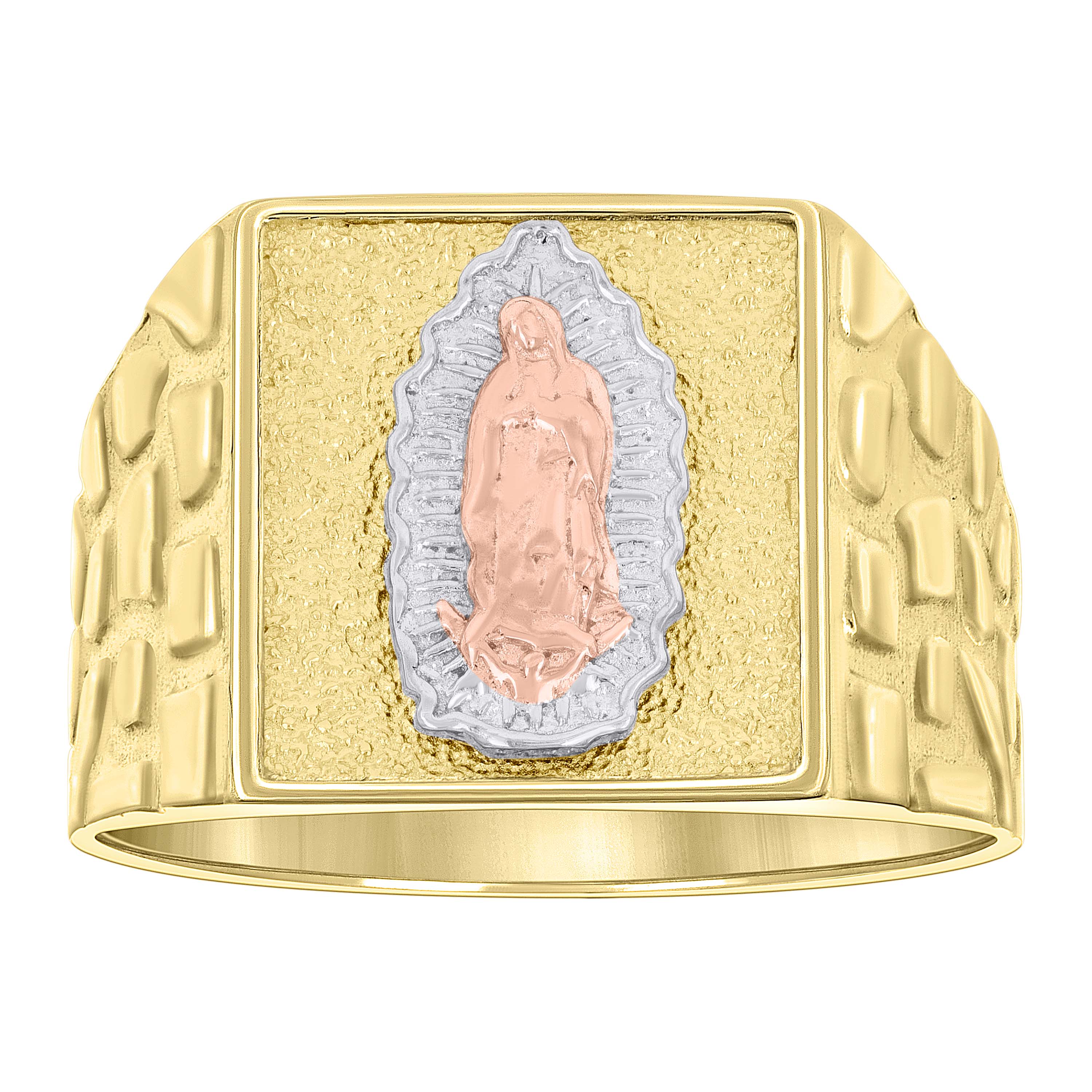10kt Tri-Color Gold Mens Square Head Guadalupe Religious Nugget Ring