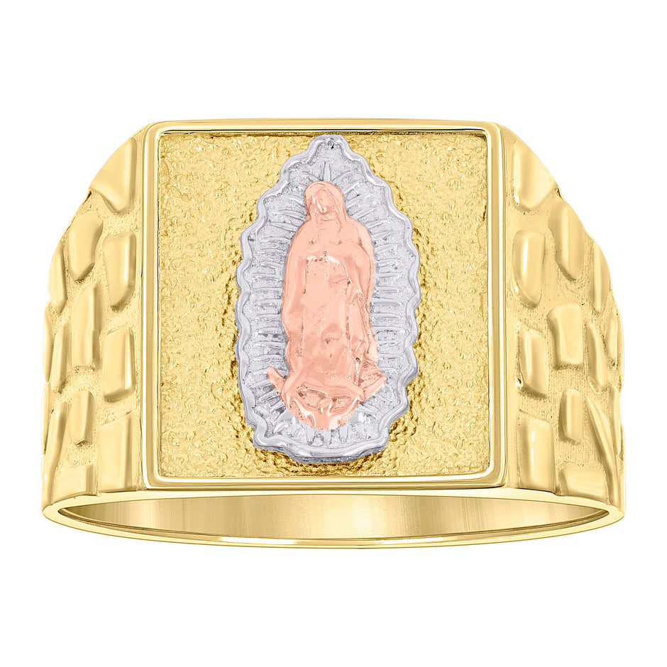 10kt Tri-Color Gold Mens Square Head Guadalupe Religious Nugget Ring