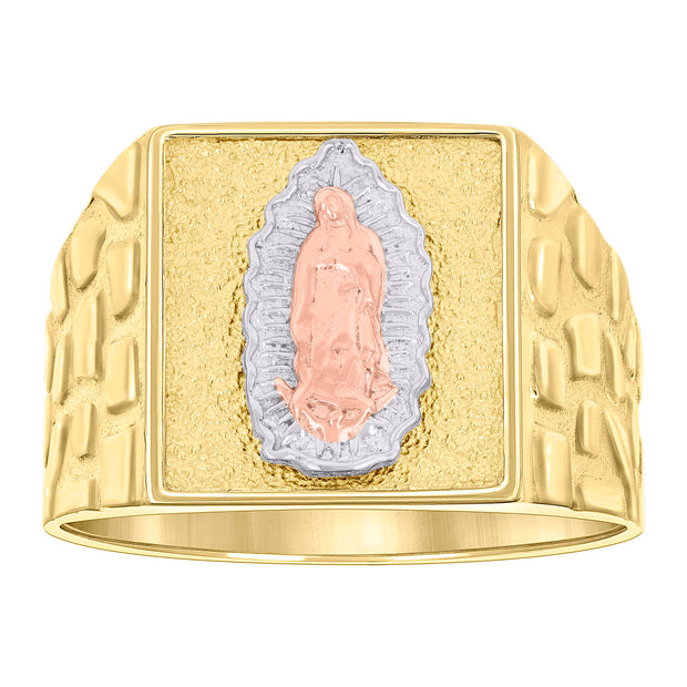 10kt Tri-Color Gold Mens Square Head Guadalupe Religious Nugget Ring