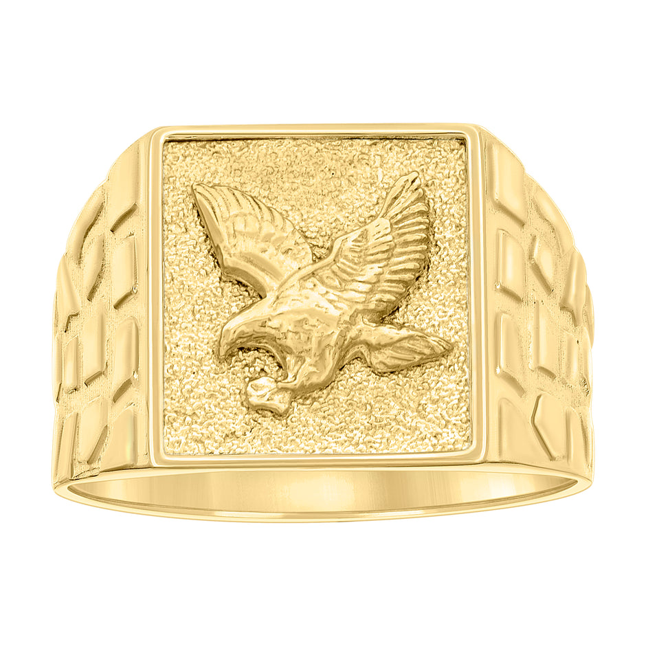 10kt Yellow Gold Mens Eagle Bird Wildlife Square Head Nugget Ring
