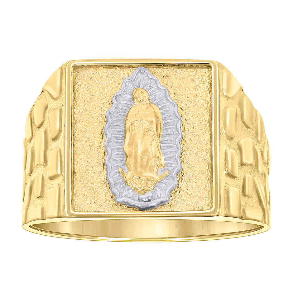 10kt Two-tone Gold Mens Square Head Guadalupe Religious Nugget Ring