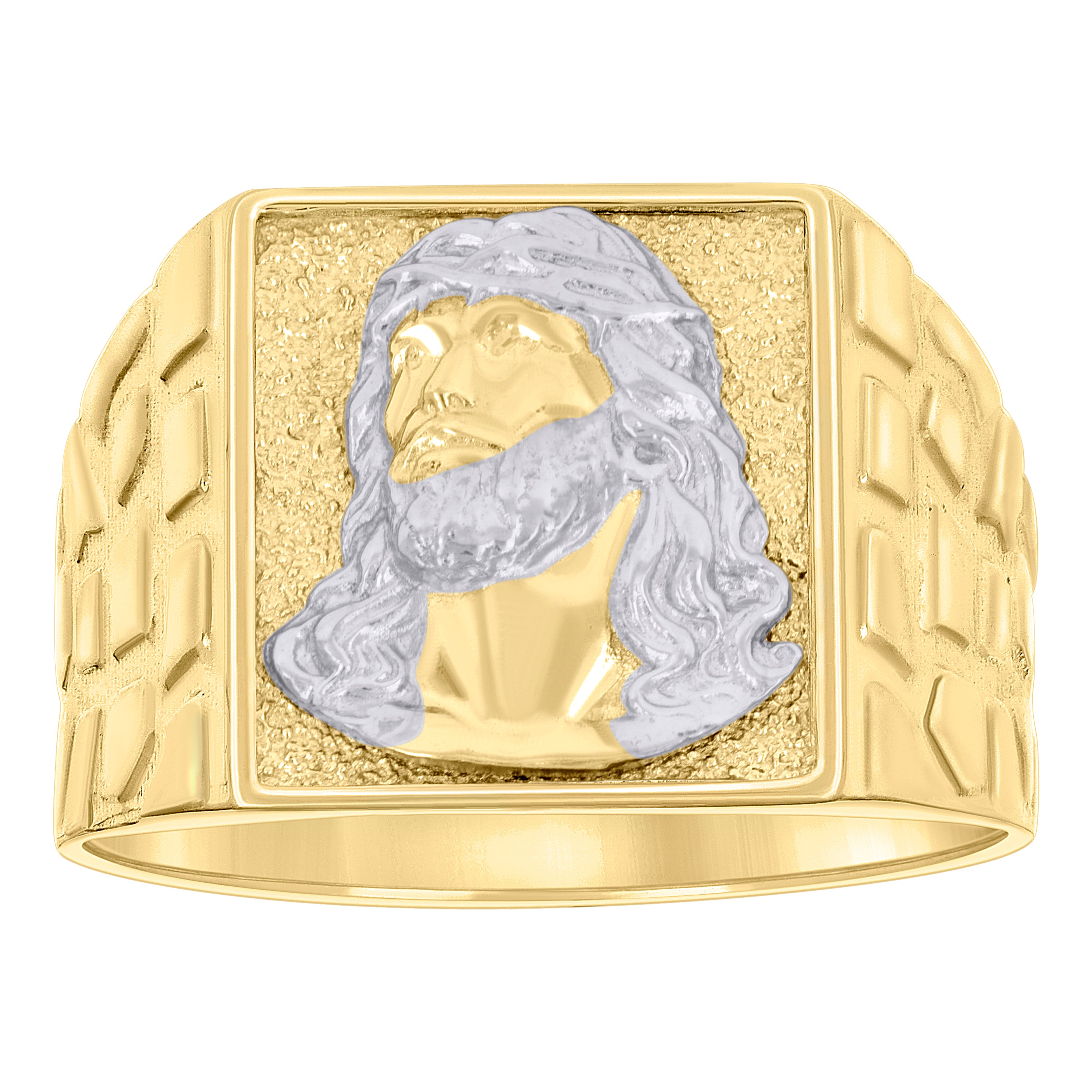 10kt Two-tone Gold Mens Square Head Jesus Religious Nugget Ring