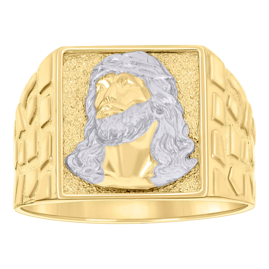 10kt Two-tone Gold Mens Square Head Jesus Religious Nugget Ring