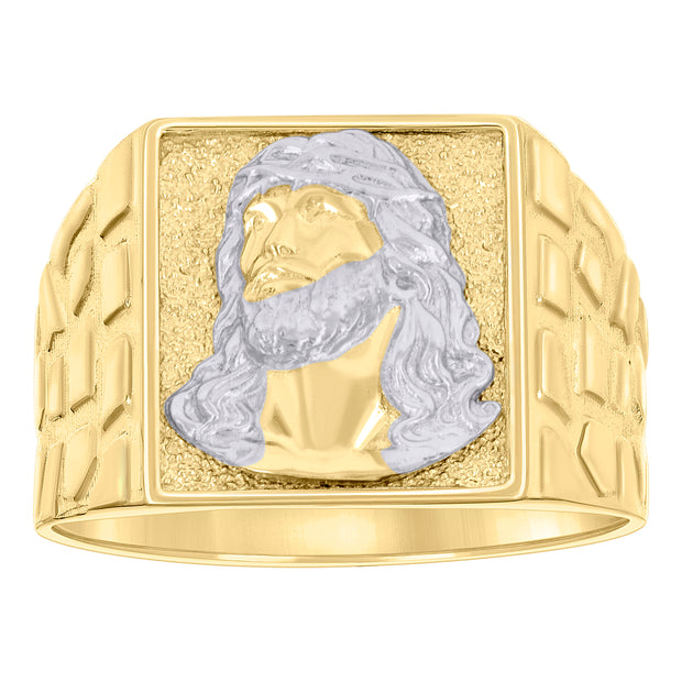 10kt Two-tone Gold Mens Square Head Jesus Religious Nugget Ring