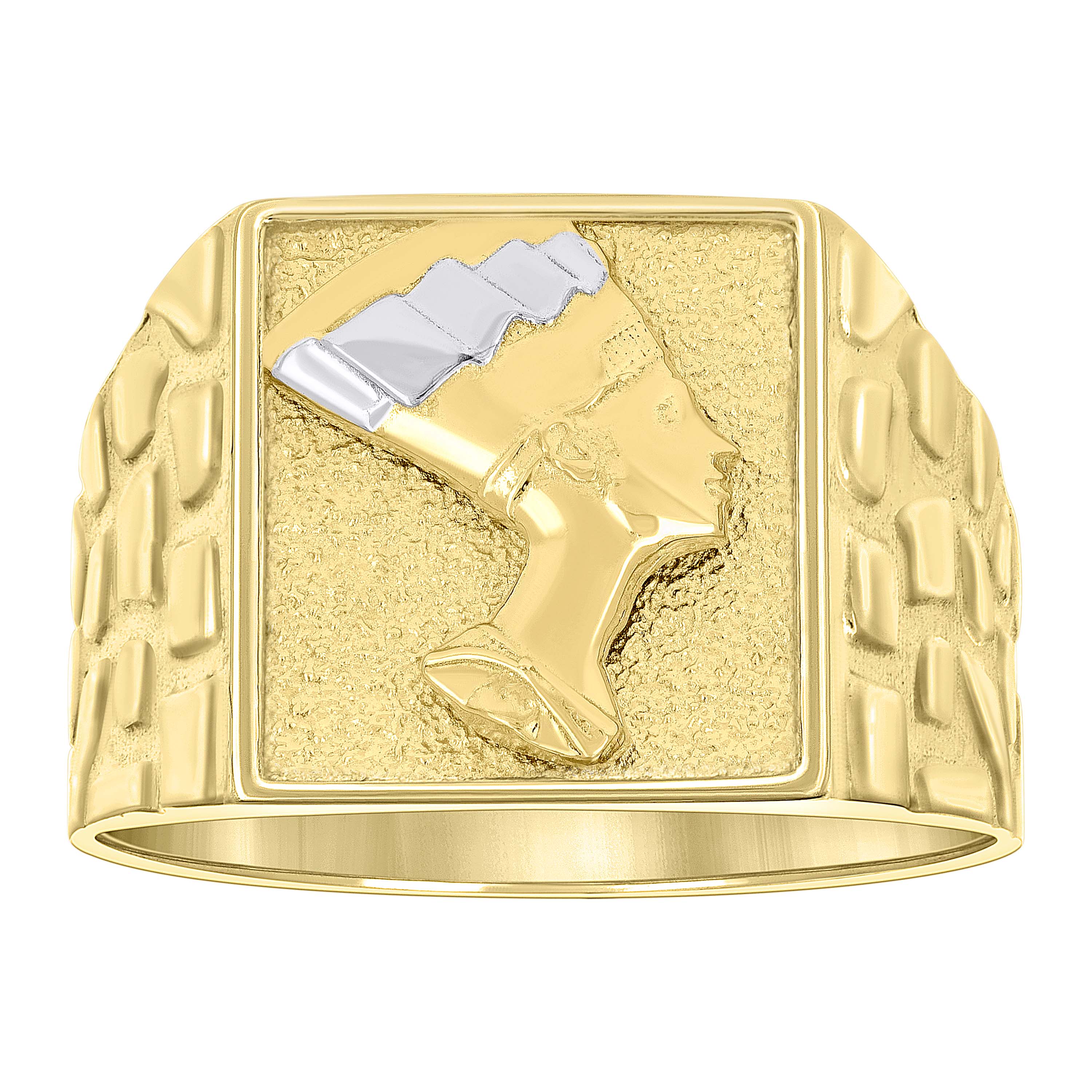 10kt Two-tone Gold Mens Square Head Nefertiti Egyptian Nugget Ring