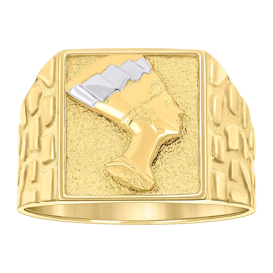 10kt Two-tone Gold Mens Square Head Nefertiti Egyptian Nugget Ring
