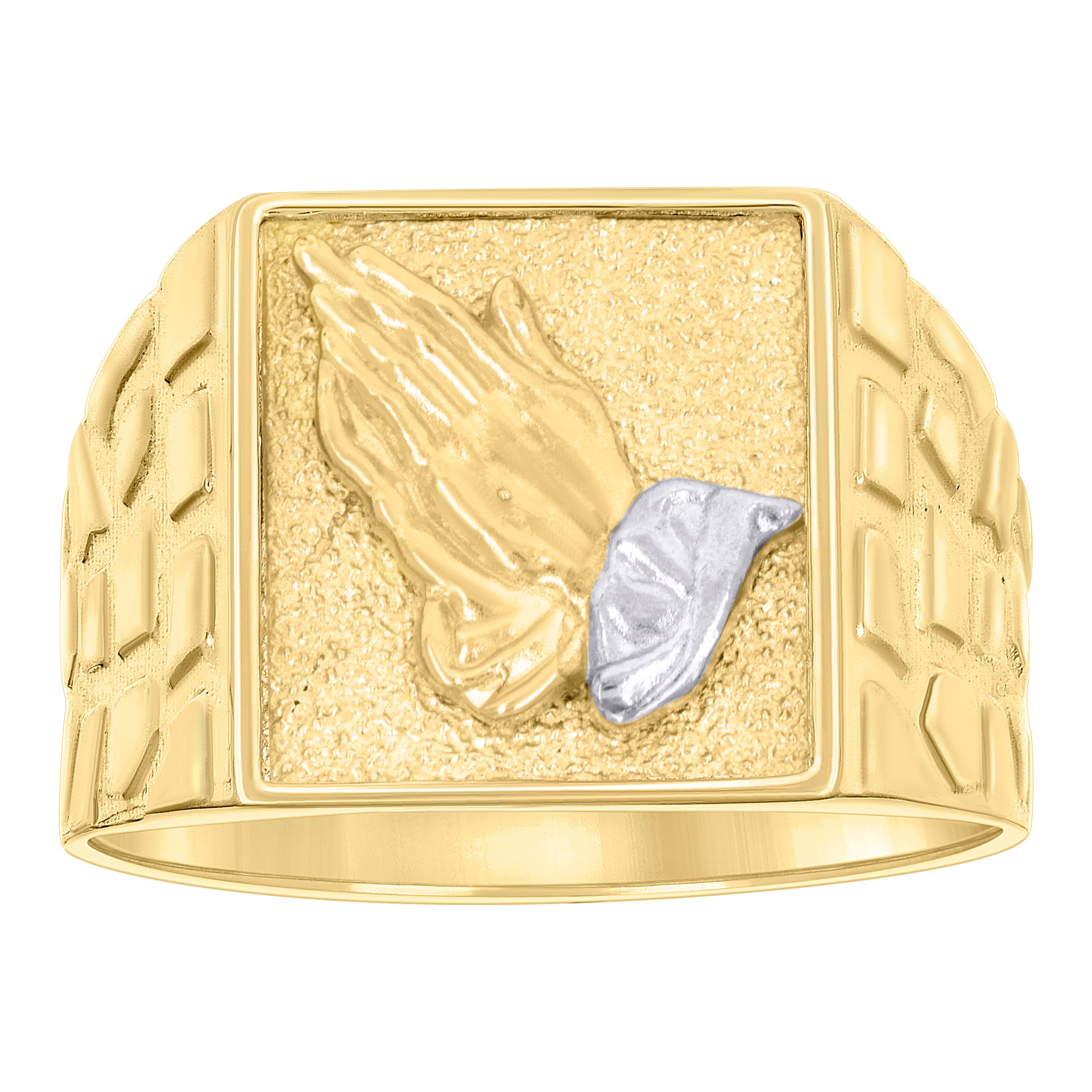 10kt Two-tone Gold Mens Praying Hands Symbol Religious Square Head Nugget Ring
