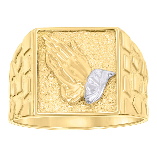 10kt Two-tone Gold Mens Praying Hands Symbol Religious Square Head Nugget Ring