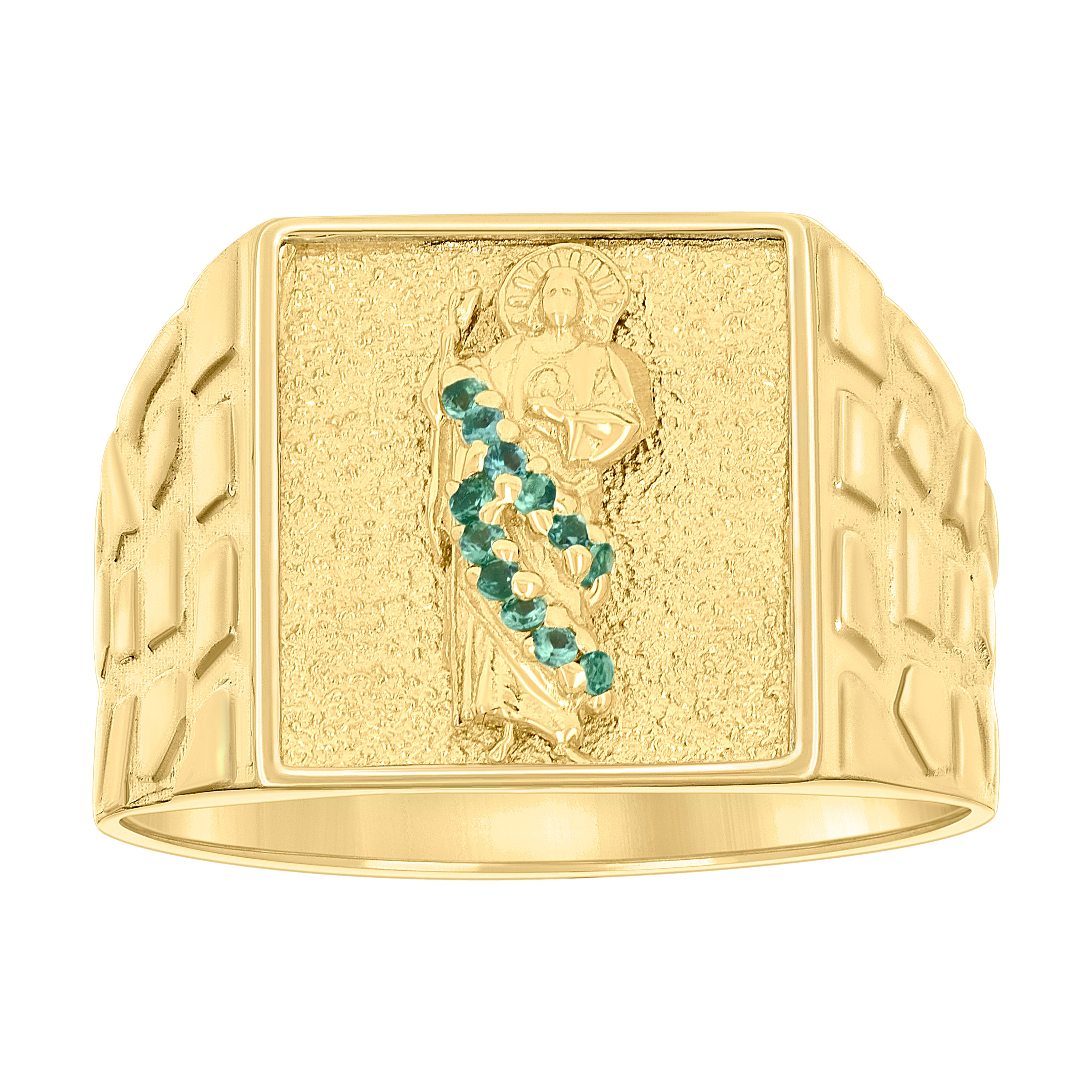 10kt Yellow Gold Mens Green Cubic-Zirconia St. Jude Religious Square Head Nugget Ring