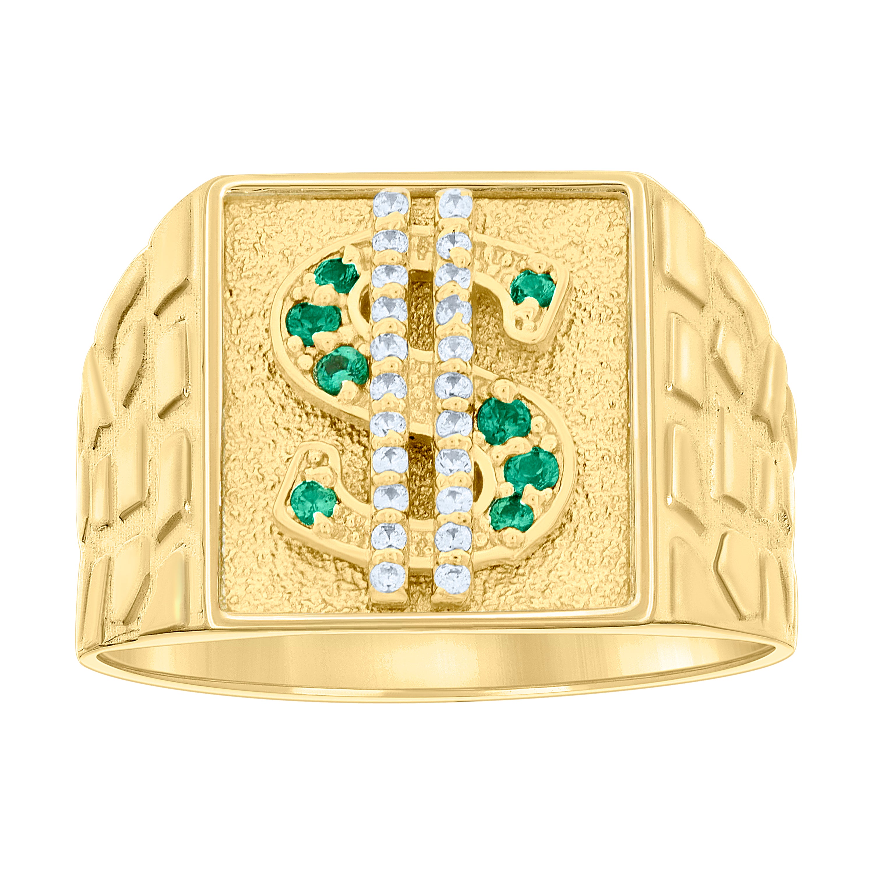 10kt Yellow Gold Mens Green White Cubic-Zirconia Square Head Dollar Sign Currency Nugget Ring