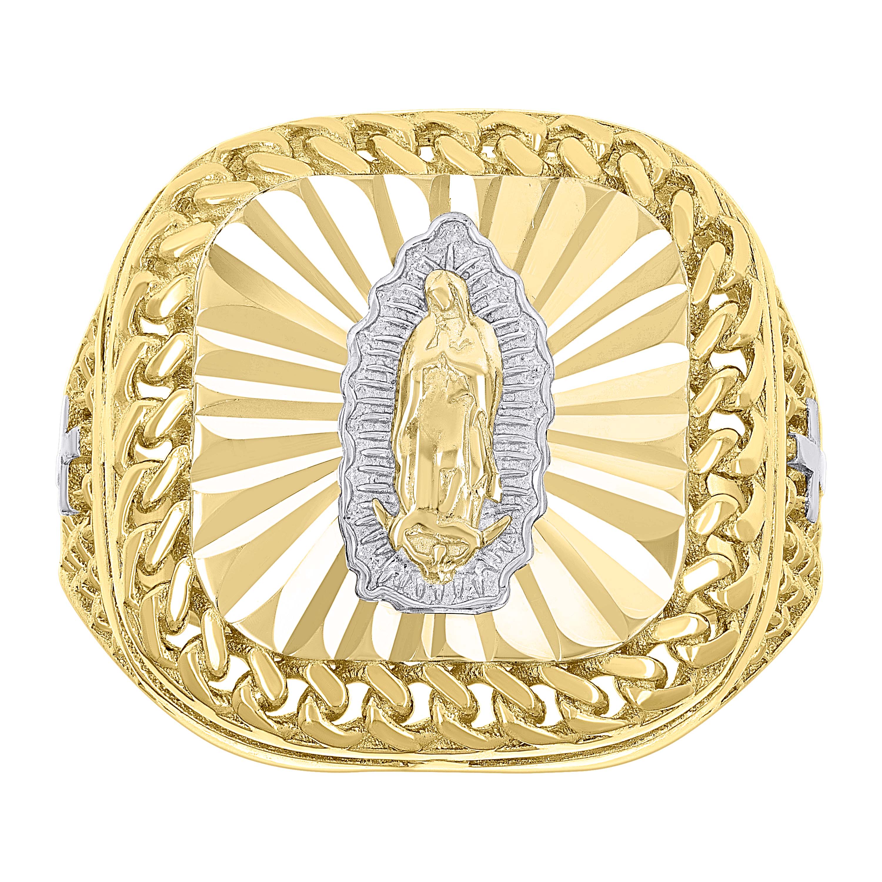 10kt Two-tone Gold Mens Square Head Guadalupe Religious Cuban Border Ring