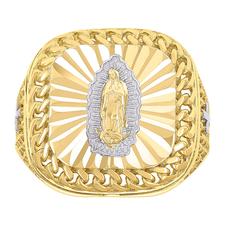 10kt Two-tone Gold Mens Square Head Guadalupe Religious Cuban Border Ring