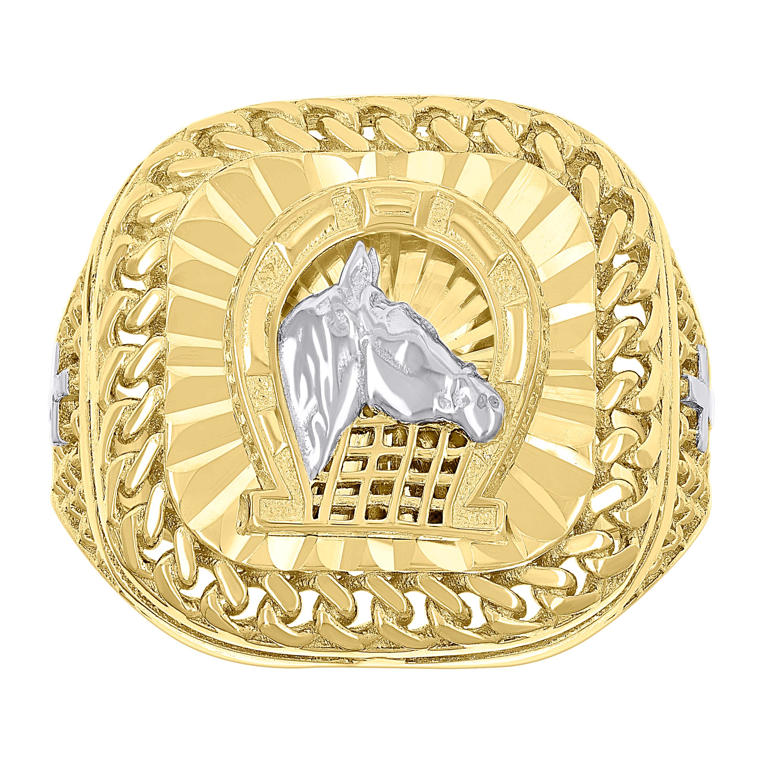 10kt Two-tone Gold Mens Horse Head Horseshoe Good Luck Square Head Cuban Border Ring