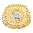 10kt Two-tone Gold Mens Horse Head Horseshoe Good Luck Square Head Cuban Border Ring