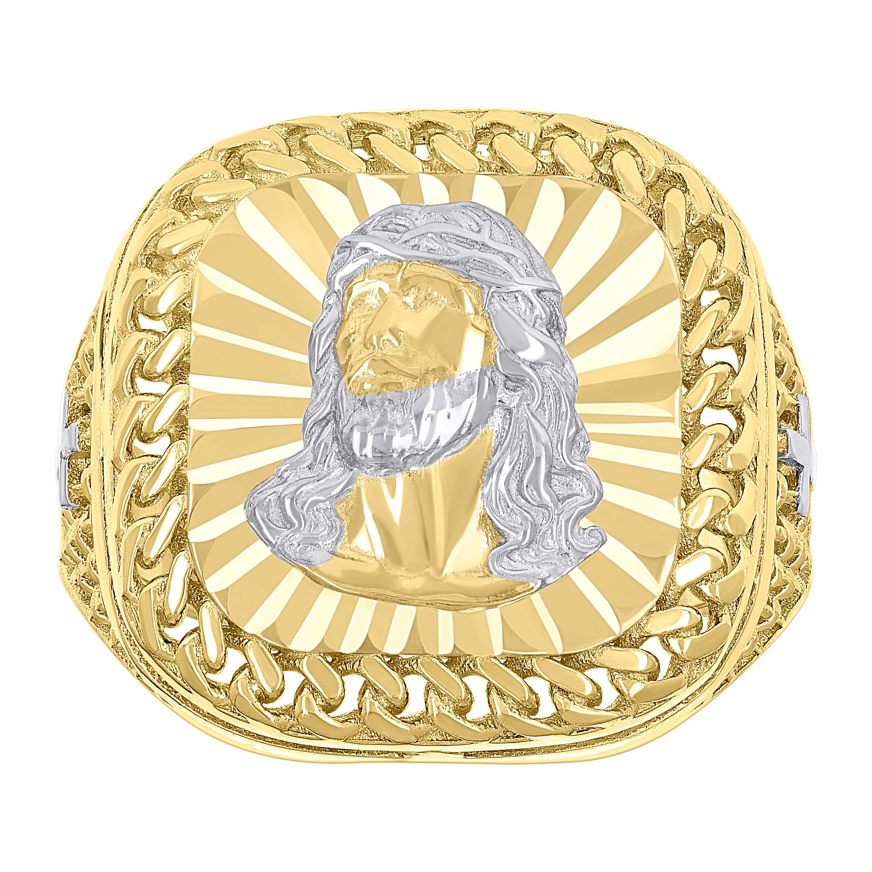 10kt Two-tone Gold Mens Square Head Jesus Religious Cuban Border Ring