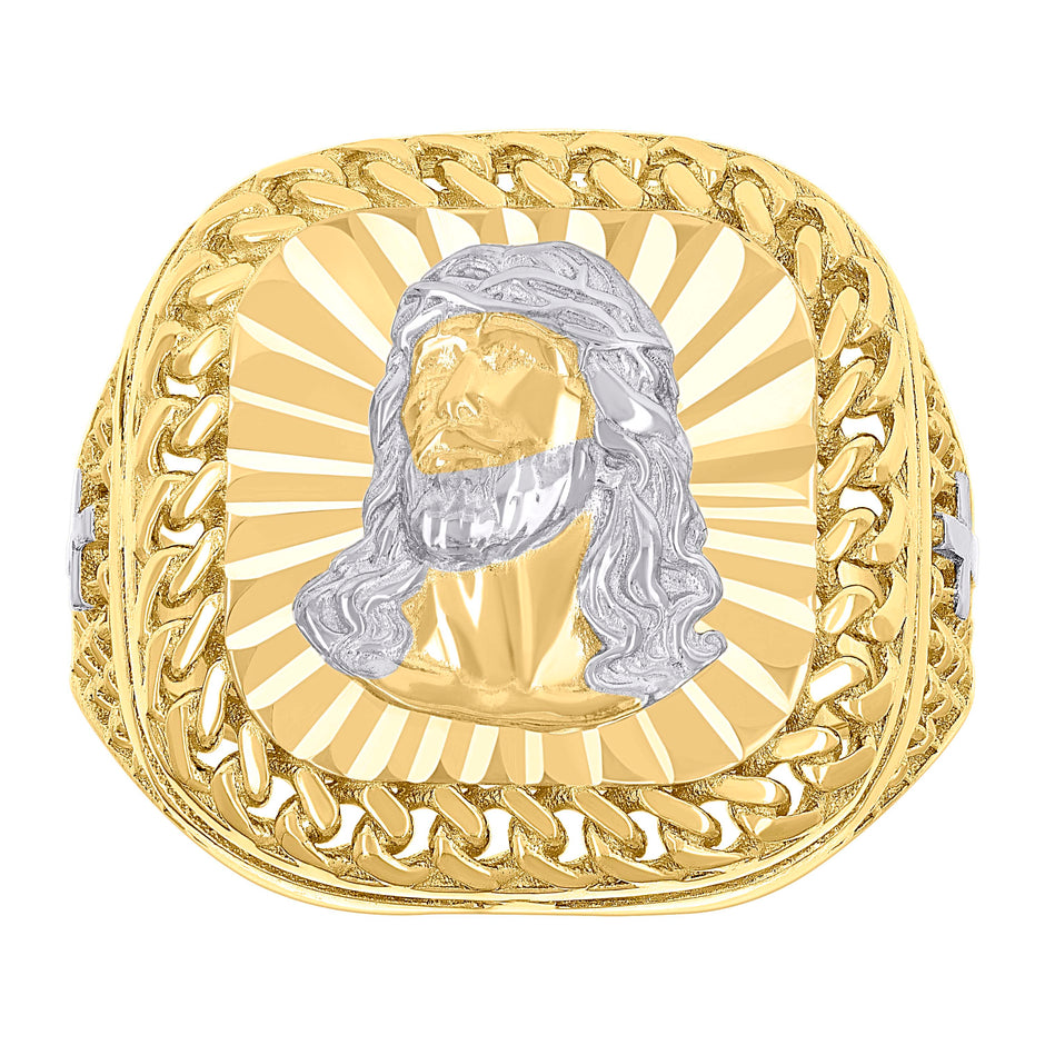 10kt Two-tone Gold Mens Square Head Jesus Religious Cuban Border Ring