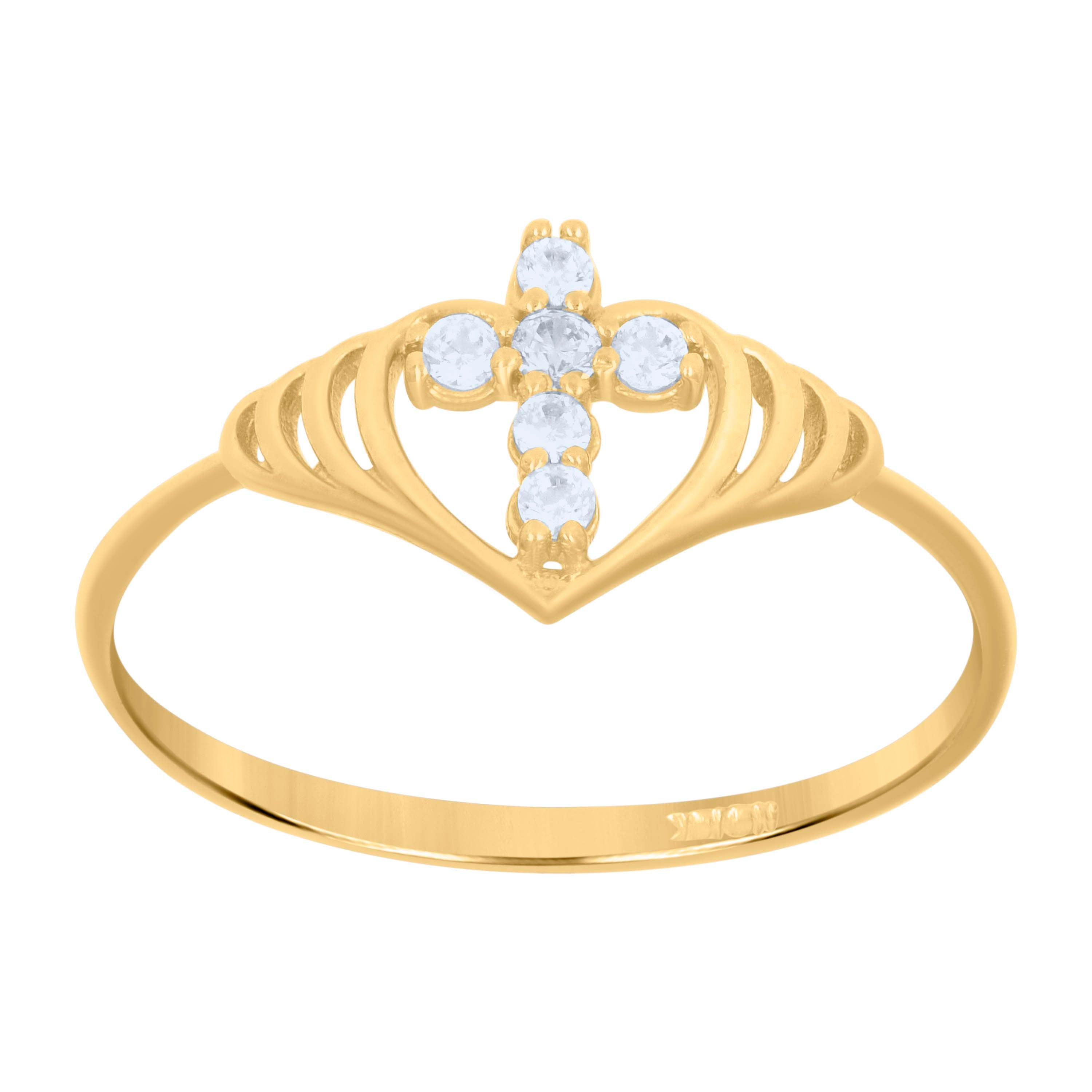 10Kt Yellow Gold Cz Womens Polished Finish Heart Cross Religious Ring