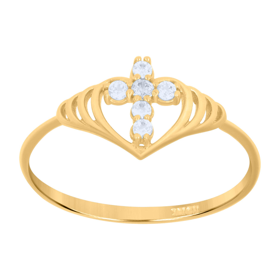 10Kt Yellow Gold Cz Womens Polished Finish Heart Cross Religious Ring