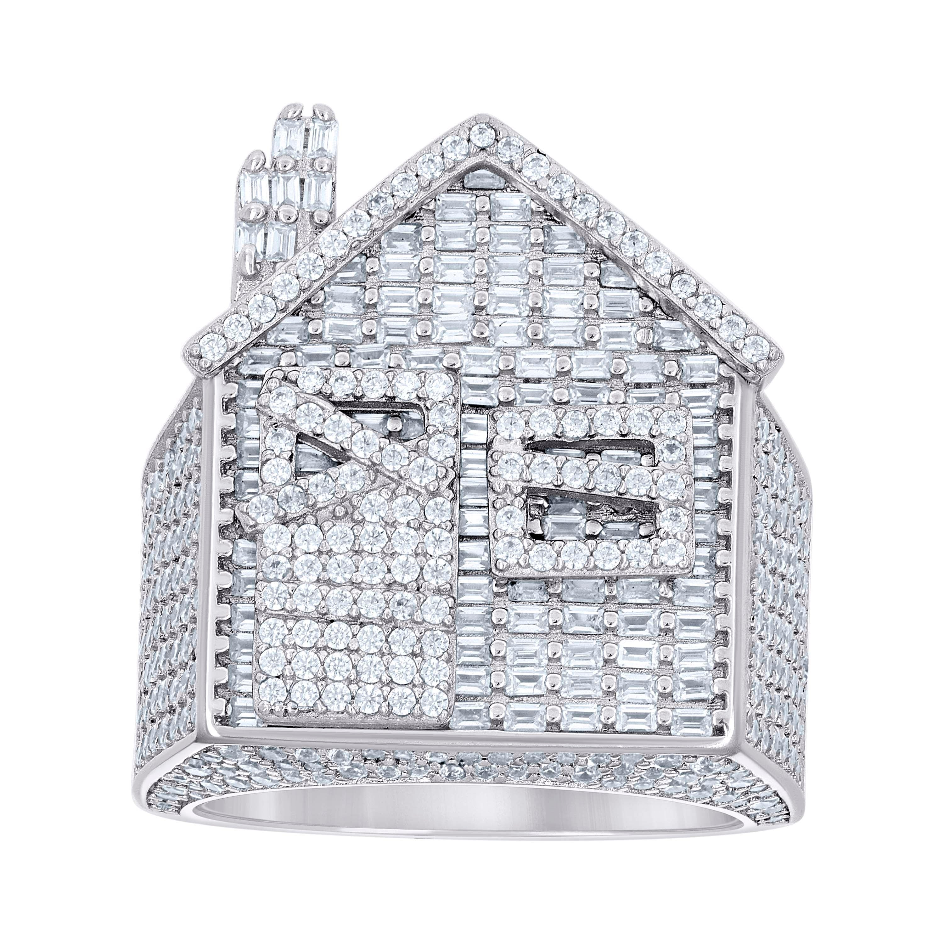 925 Sterling Silver Mens Round Baguette Cubic-Zirconia Cluster Trap House Fashion Ring Size 12 - SLV-139664