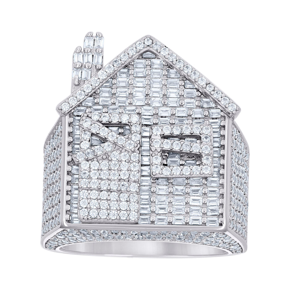 925 Sterling Silver Mens Round Baguette Cubic-Zirconia Cluster Trap House Fashion Ring Size 12 - SLV-139664