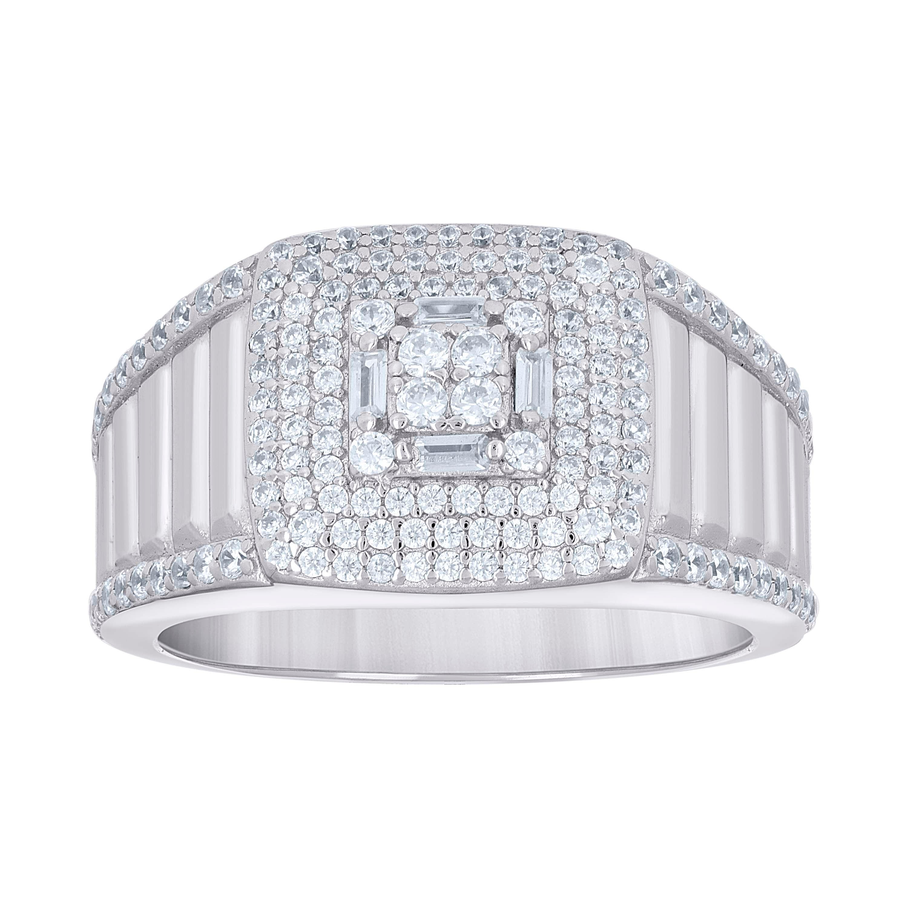 925 Sterling Silver Mens Round Baguette Cubic-Zirconia Square Head Fashion Ring Size 11 - SLV-139676