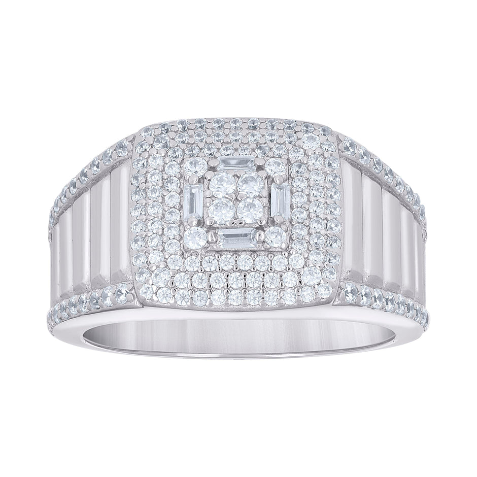 925 Sterling Silver Mens Round Baguette Cubic-Zirconia Square Head Fashion Ring Size 10 - SLV-138772
