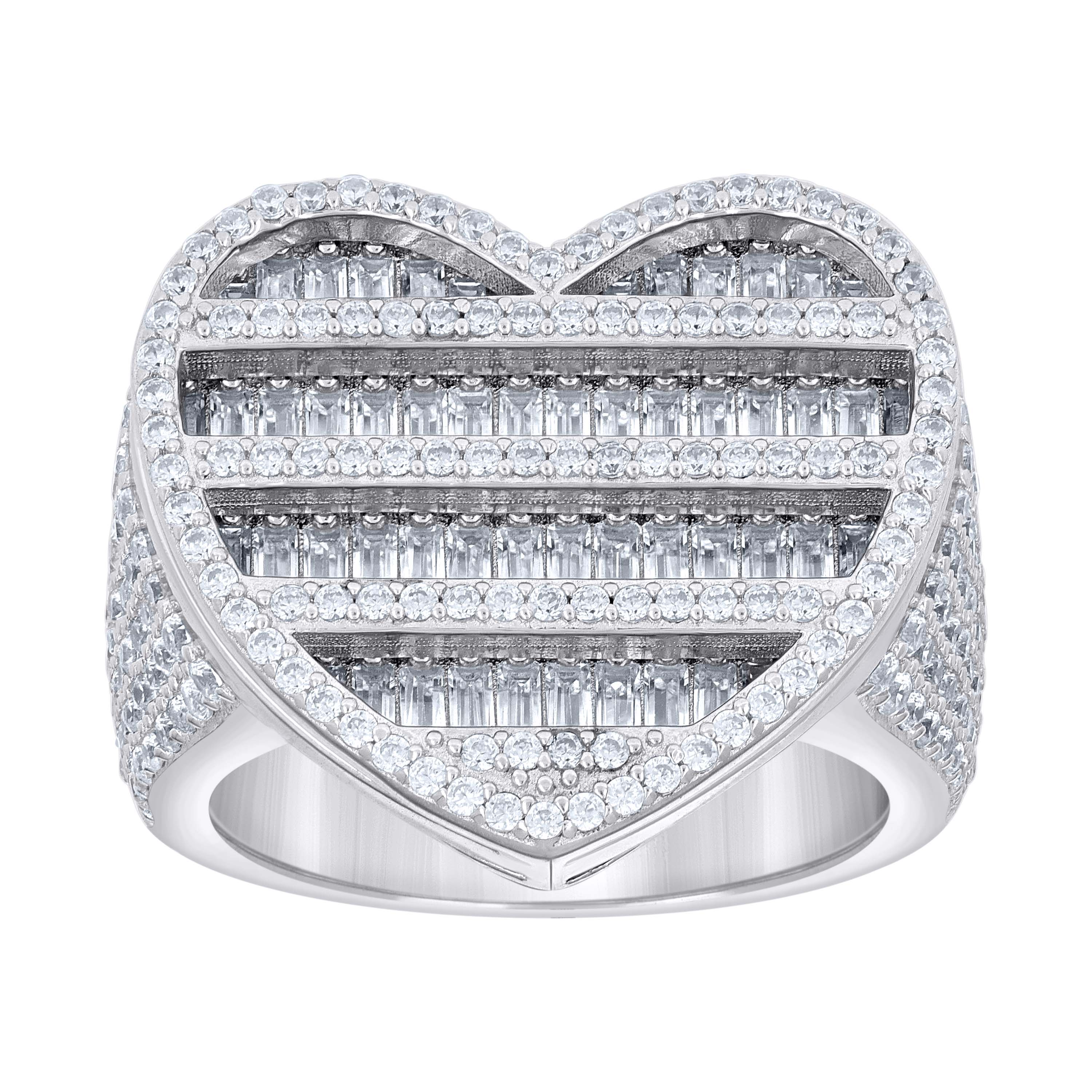 925 Sterling Silver Womens Round Baguette Cubic-Zirconia Cluster Heart Ring Size 12 - SLV-139644