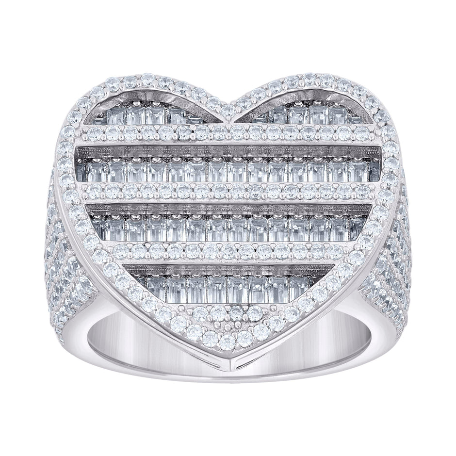 925 Sterling Silver Womens Round Baguette Cubic-Zirconia Cluster Heart Ring Size 12 - SLV-139644