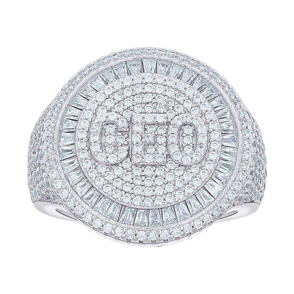 925 Sterling Silver Mens Baguette Round Cubic-Zirconia CEO Round Head Fashion Ring Size 12 - SLV-139622