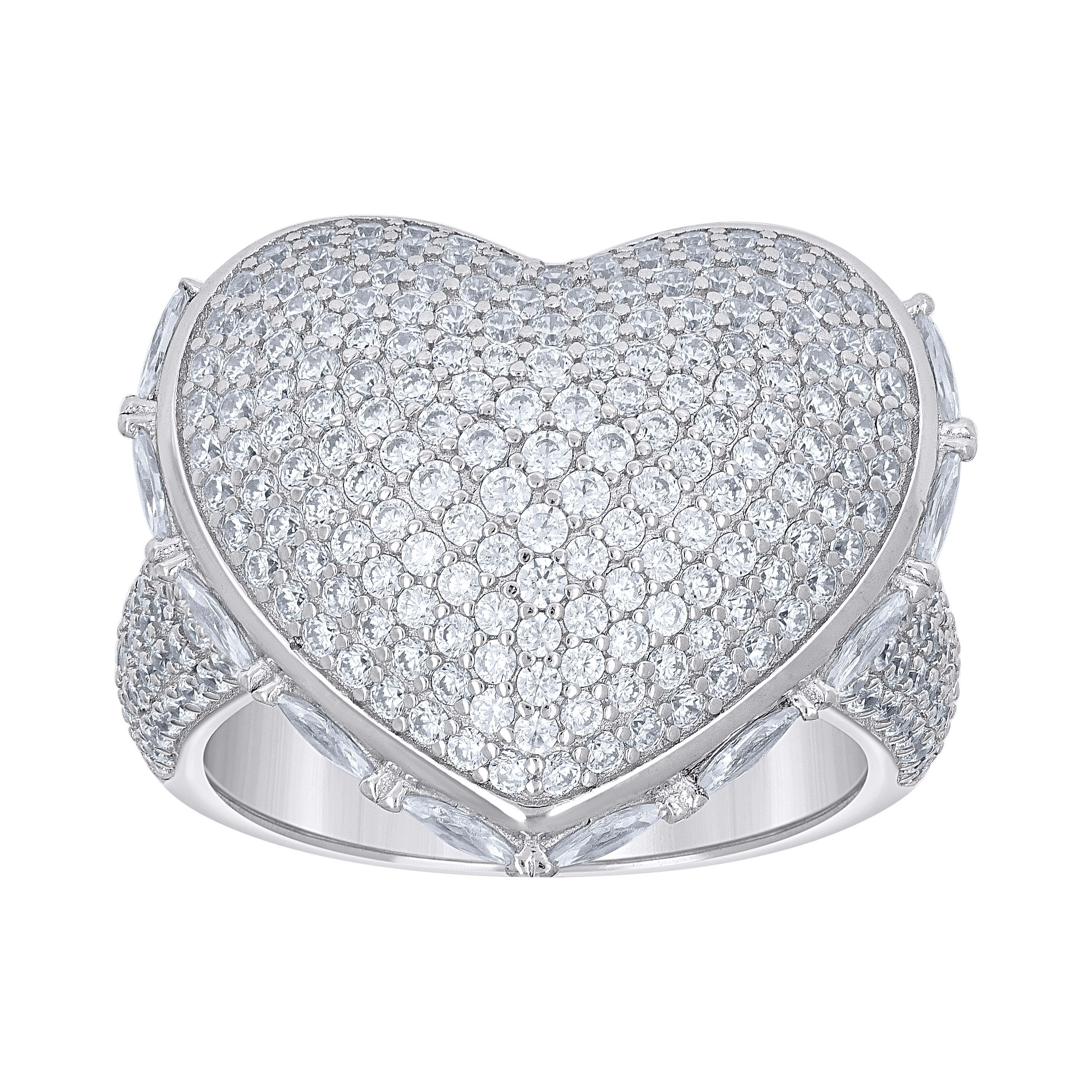 925 Sterling Silver Womens Round Baguette Cubic-Zirconia Cluster Heart Ring Size 11 - SLV-139639
