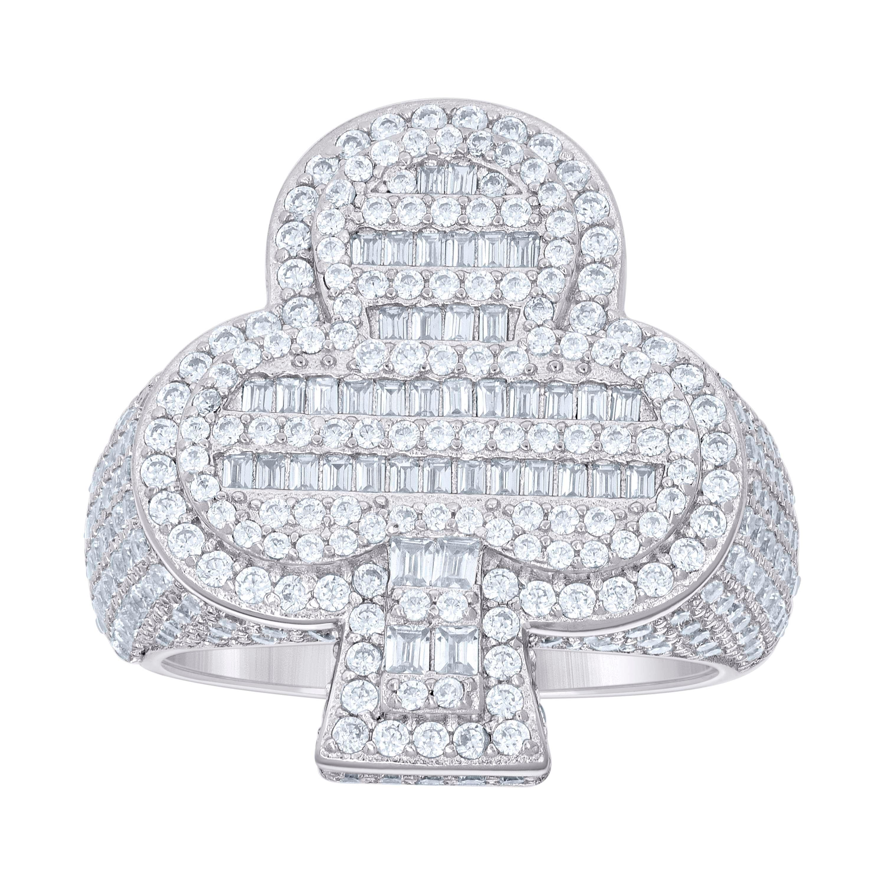925 Sterling Silver Mens Round Baguette Cubic-Zirconia Cluster Clover Good Luck Ring Size 10