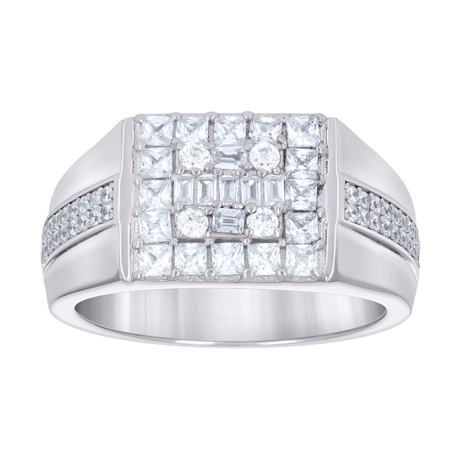 925 Sterling Silver Mens Round Baguette Cubic-Zirconia Square Head Fashion Ring Size 11 - SLV-139666