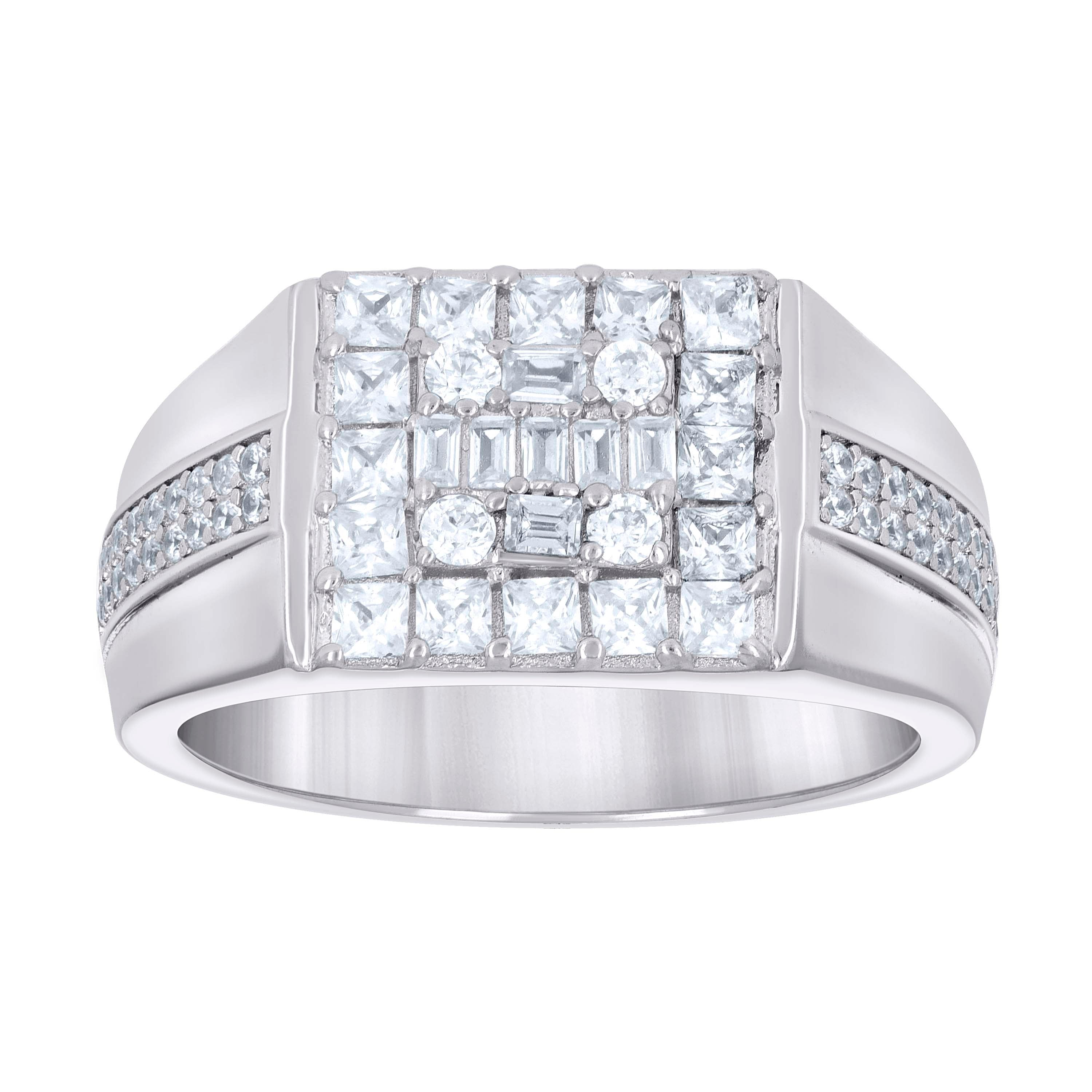 925 Sterling Silver Mens Round Baguette Cubic-Zirconia Square Head Fashion Ring Size 10 - SLV-138854