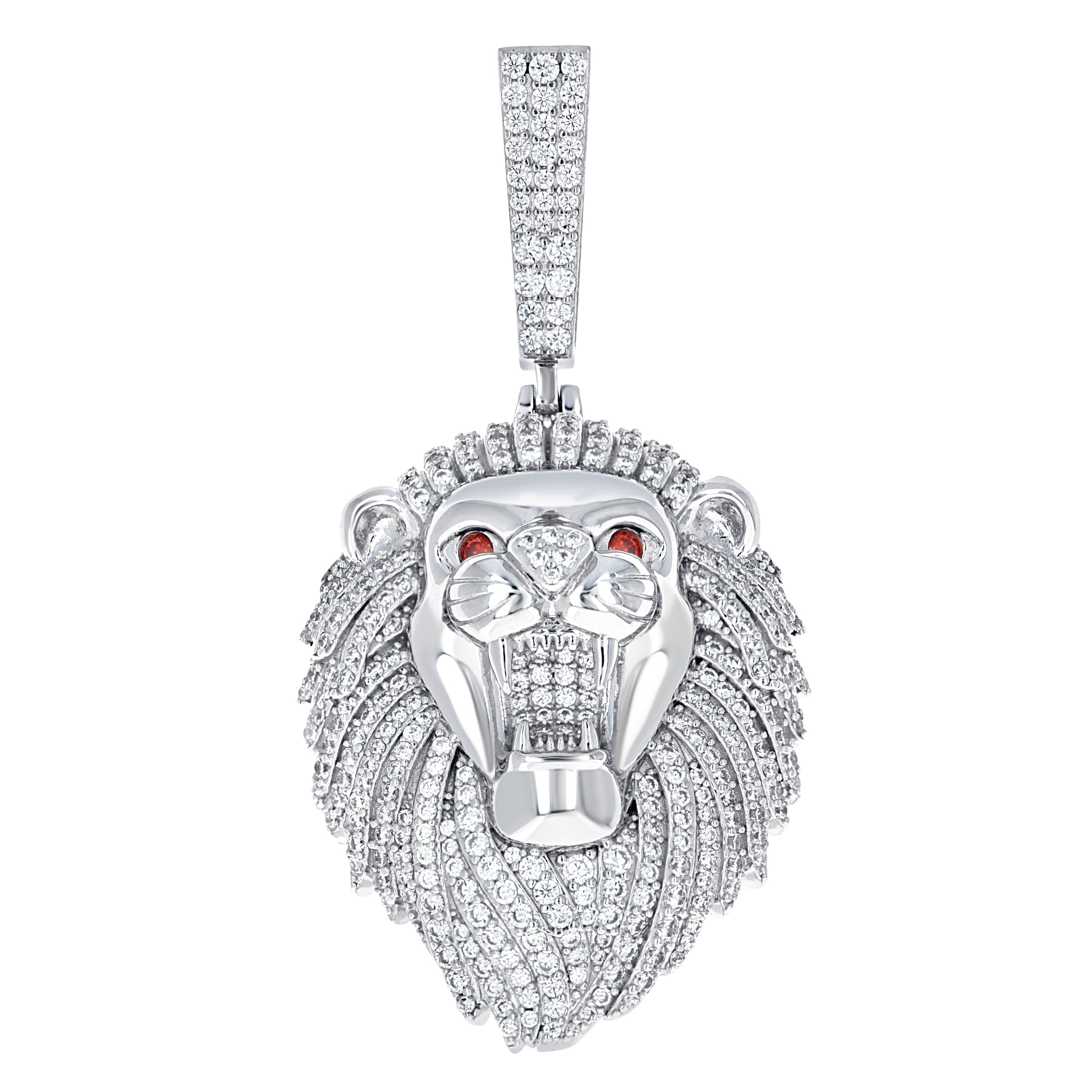 925 Sterling Silver Mens White Red Cubic-Zirconia Leo/Lion Head Zodiac Sign/Wildlife Charm Pendant