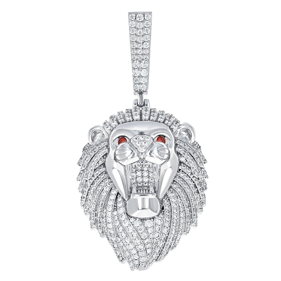 925 Sterling Silver Mens White Red Cubic-Zirconia Leo/Lion Head Zodiac Sign/Wildlife Charm Pendant